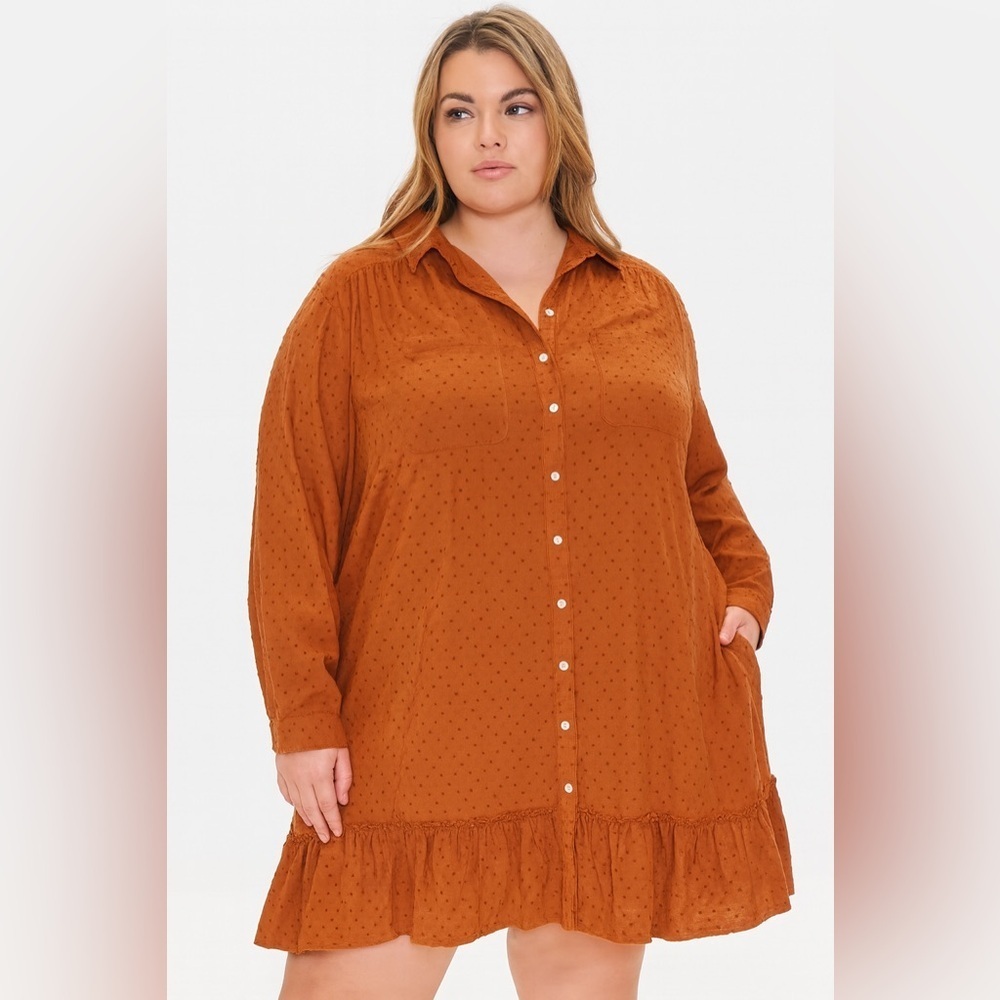 Wonderfly Rust Button Front Ruffle Hem Dress Plus Size